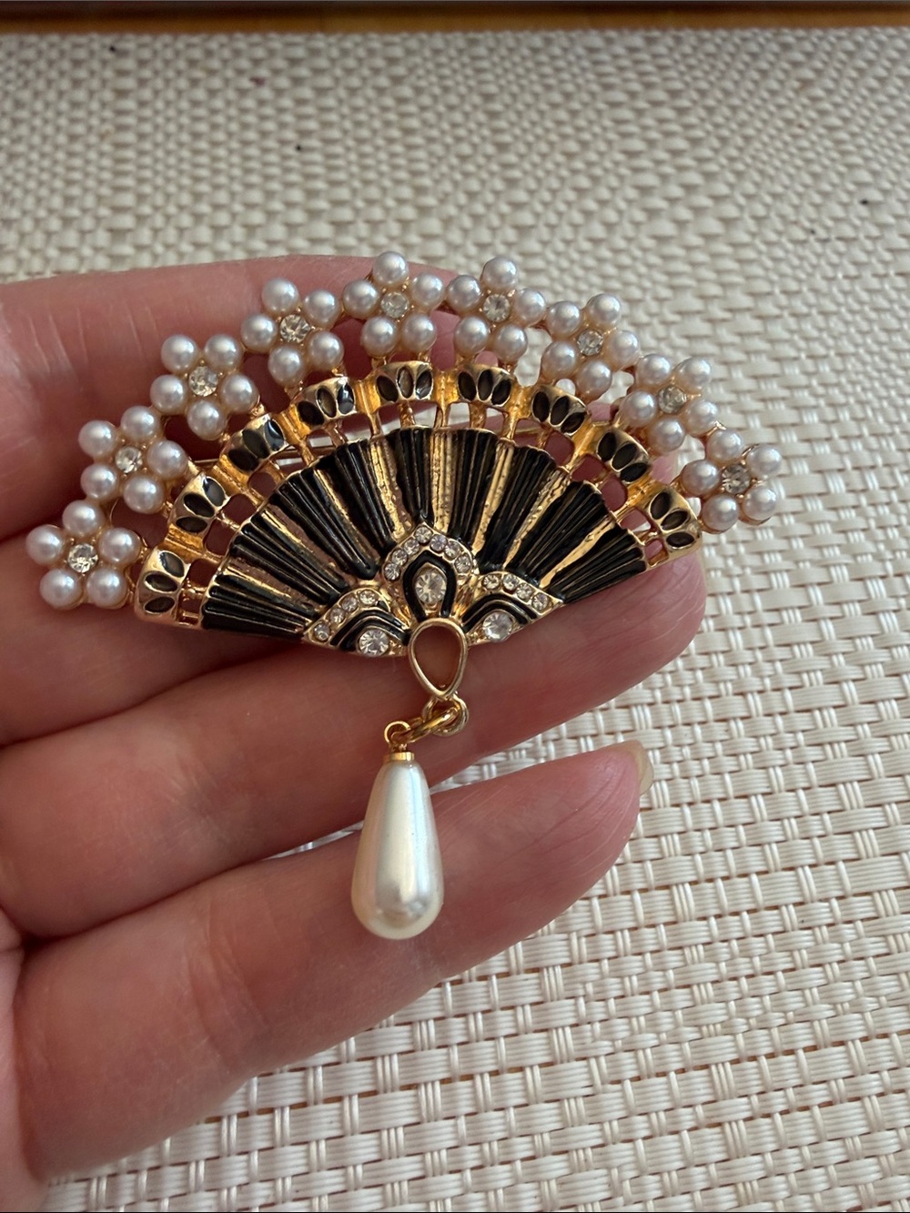 Gold and Black Fan Pearl Drop Brooch - Women Jewelry